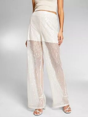 NWT Sheer Sequin Wide-Leg Pants Set in Ivory Size 10P
